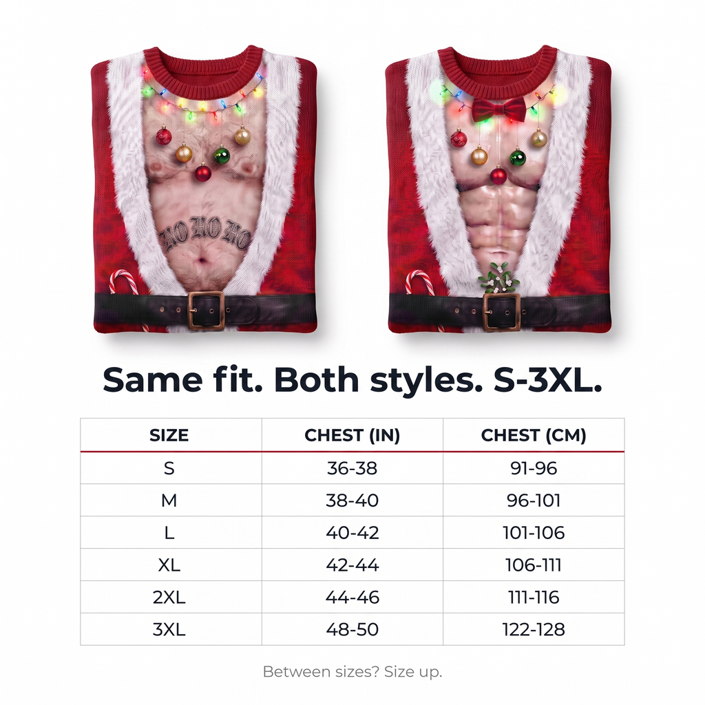 JollyBod size chart chest measurements S to 3XL same fit both styles