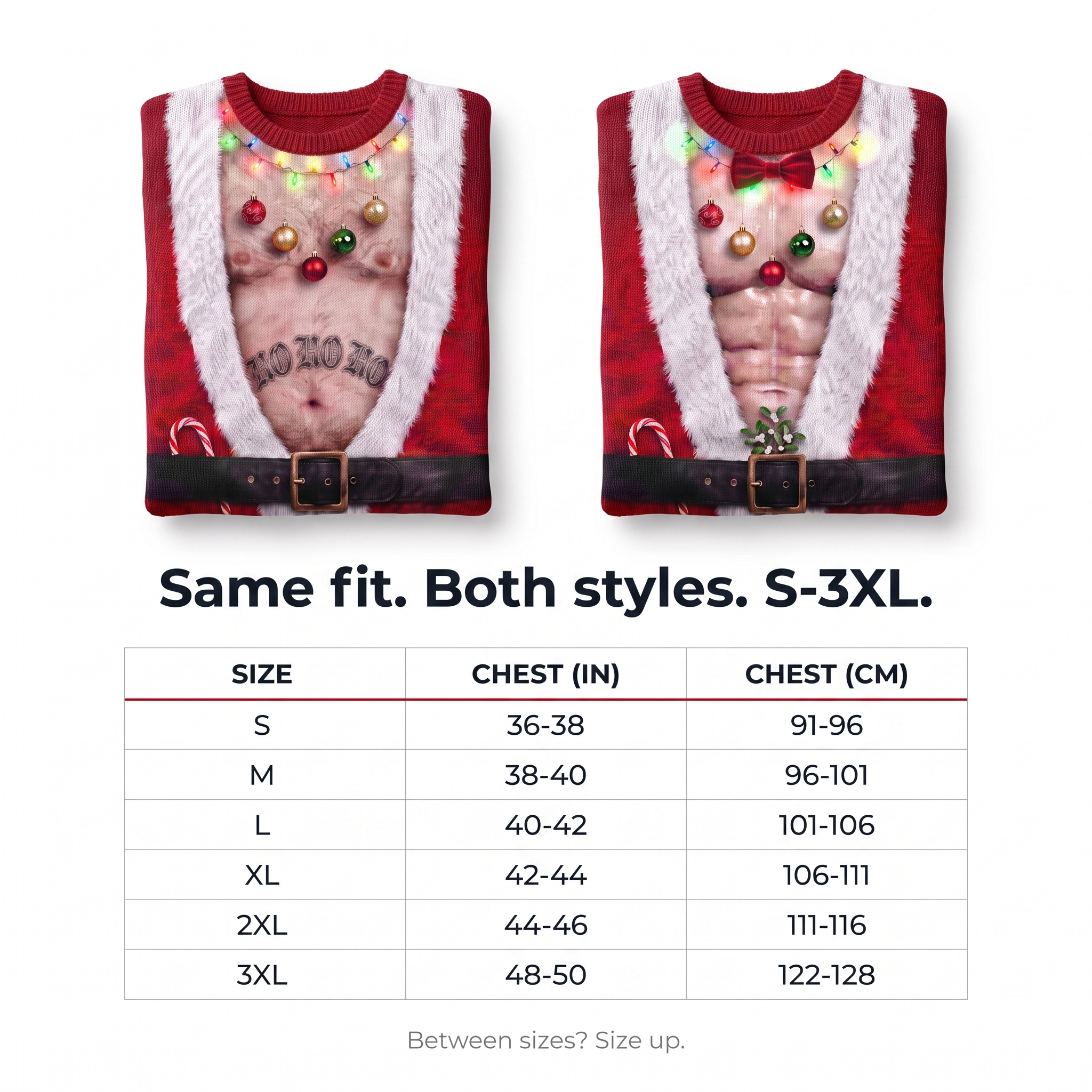 JollyBod size chart chest measurements S to 3XL same fit both styles