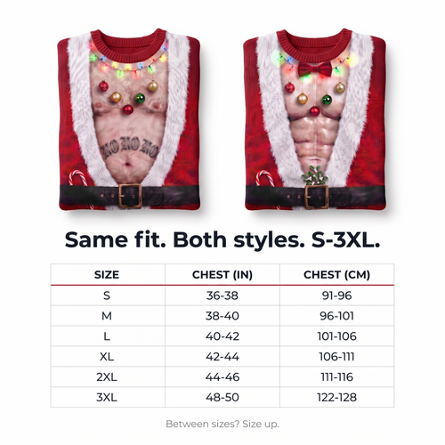 JollyBod size chart chest measurements S to 3XL same fit both styles