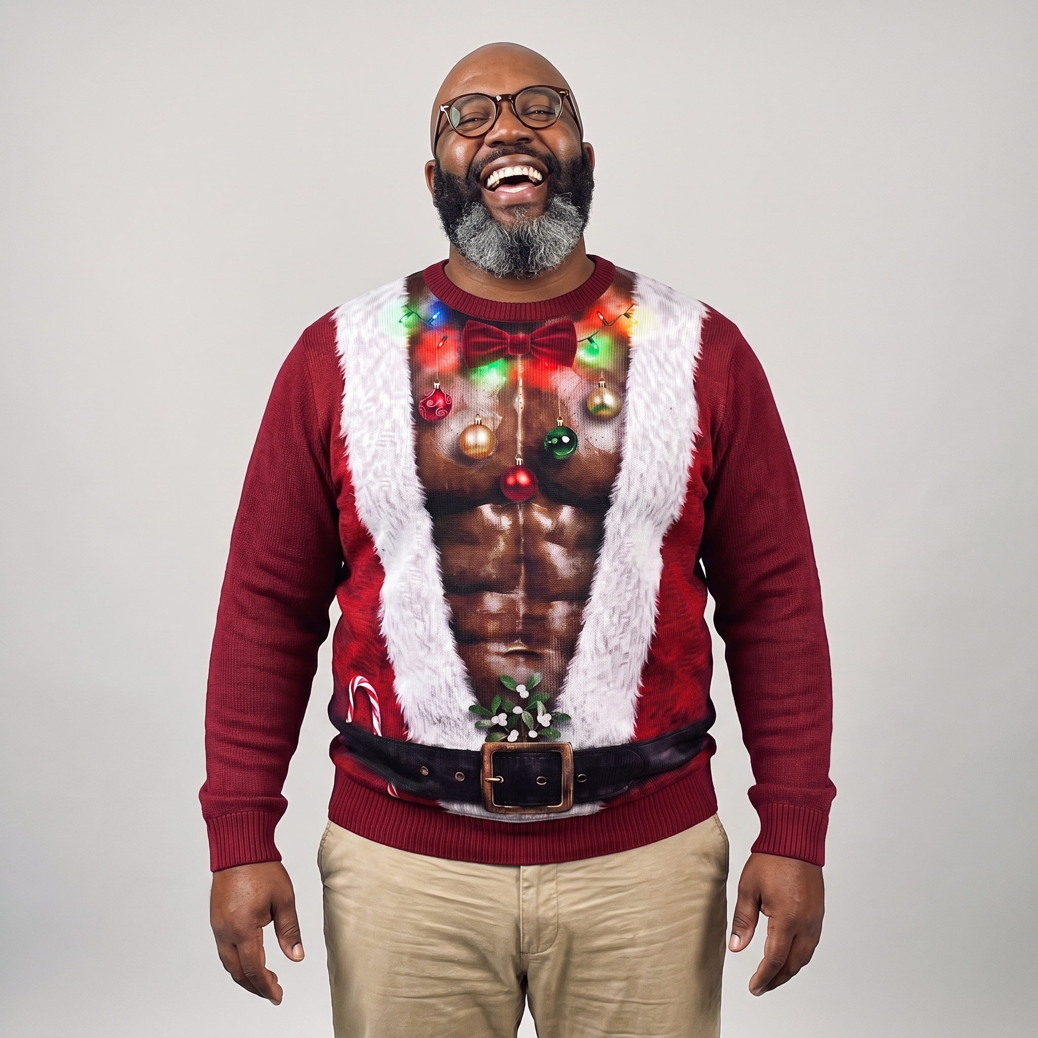 JollyBod Shredded Santa sweater deep tone on model