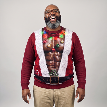 JollyBod Shredded Santa sweater deep tone on model