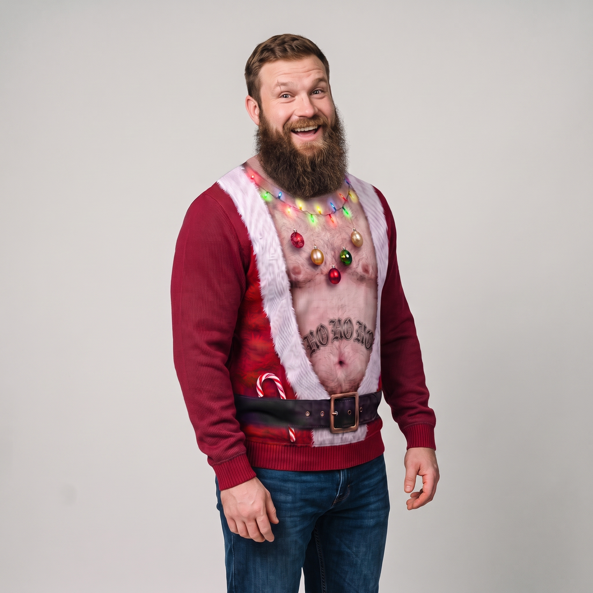 JollyBod Festive Dad Bod sweater on model three quarter view
