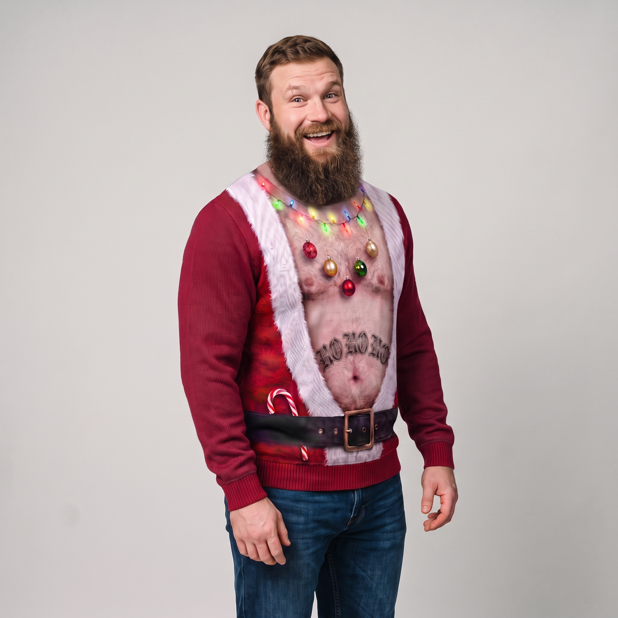 JollyBod Festive Dad Bod sweater on model three quarter view